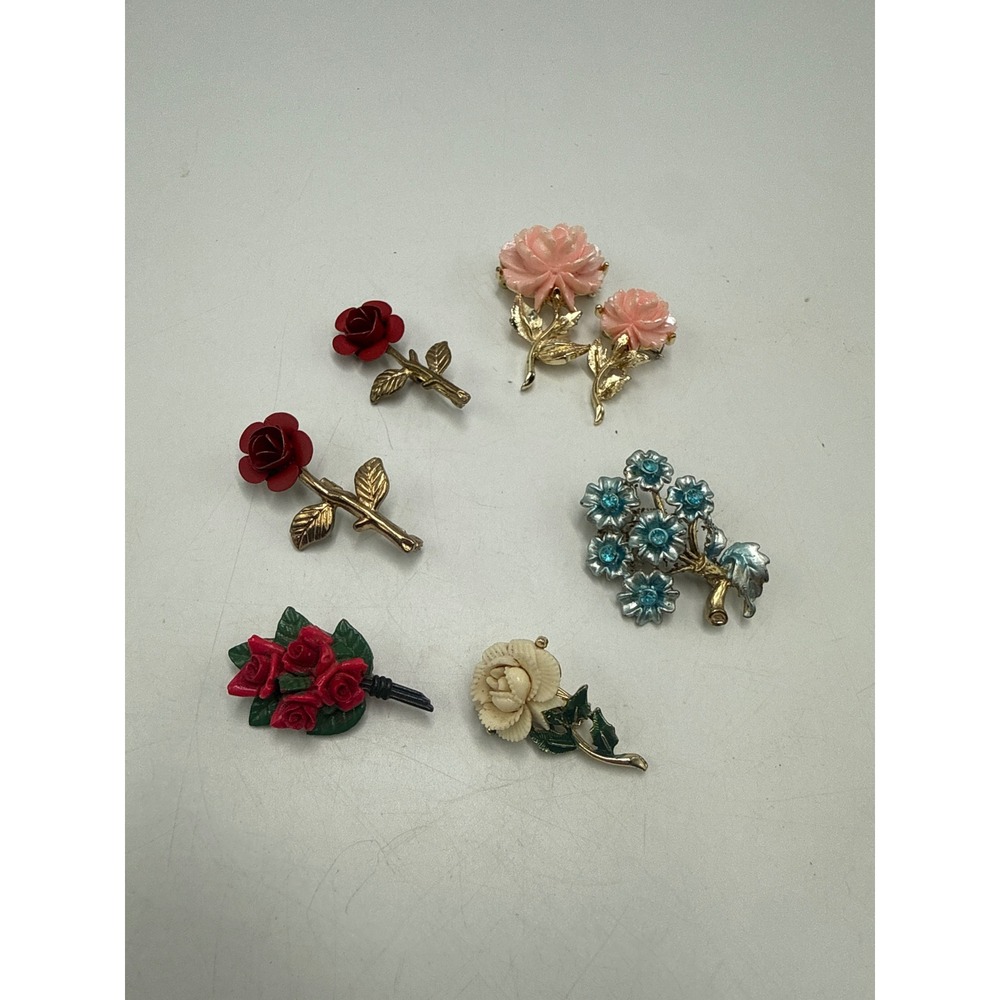 Vintage Floral Brooch Lot Pink Red Blue Enamel Resin Rose Forget Me Not Pins 6pc